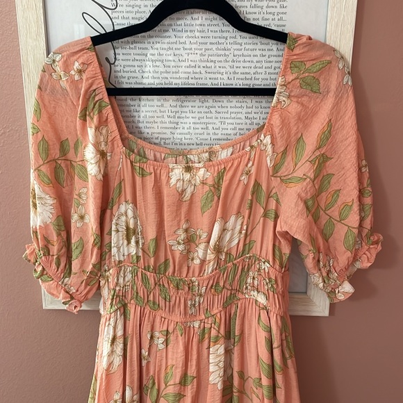 Blu Pepper Peach Coral Floral Square Neck Puff Sleeve Cottagecore Midi Dress - Picture 8 of 9